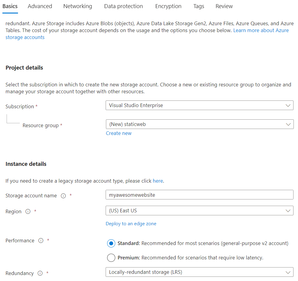 New resource - Azure Blob Storage Basics Tab