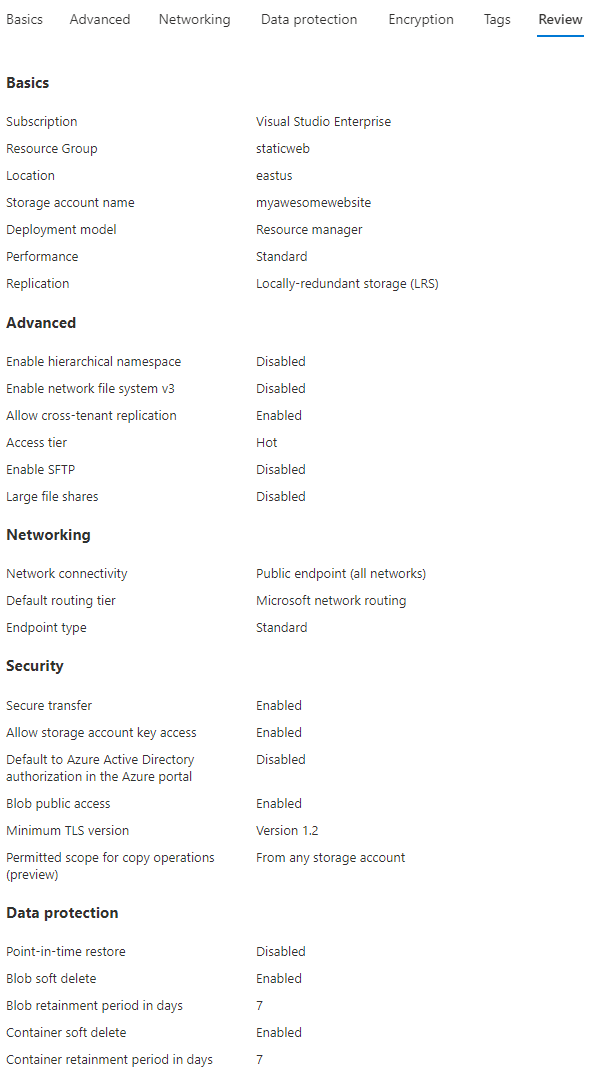 New resource - Azure Blob Storage review and create