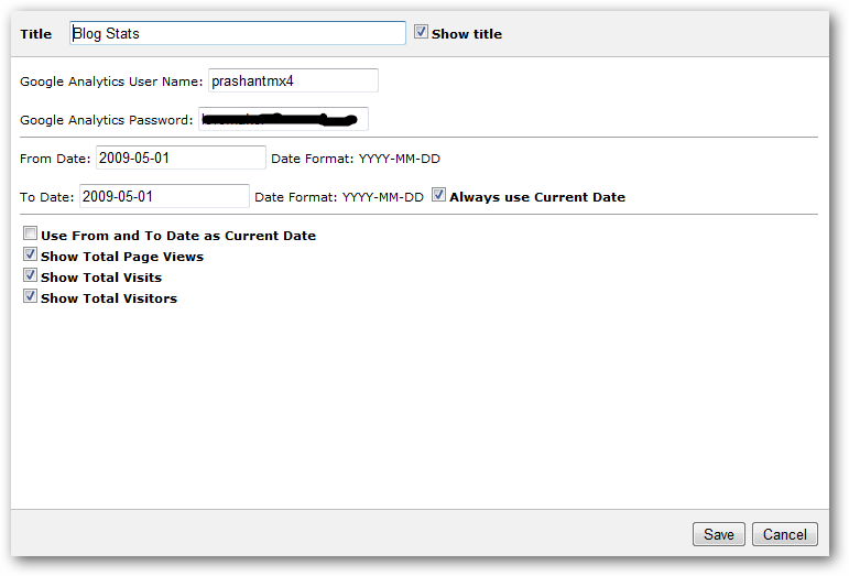 Blog Analytics widget settings