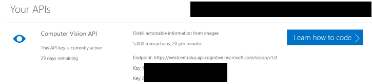 Cognitive Service API Keys