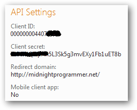 Windows Live API Settings Page