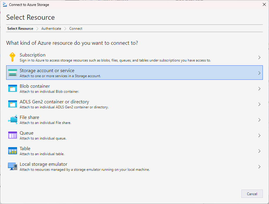 Azure storage explorer - Select Resource