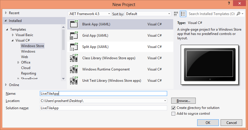 Windows 8 new app in Visual Studio